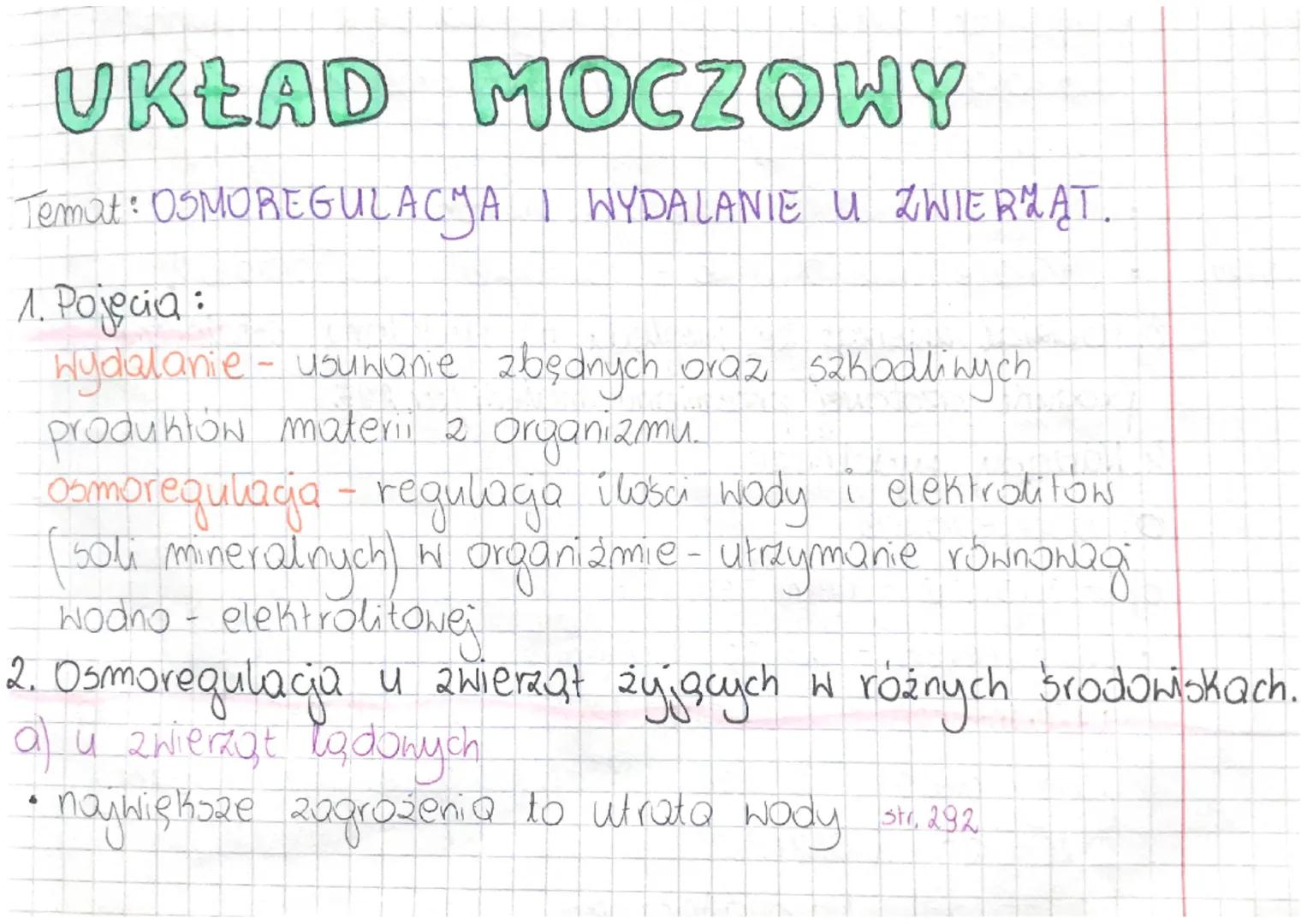 UKŁAD
MOCZOWY
MOCZOWY
Temat: OSMOREGULACJA I WYDALANIE U ZWIERMAT.
1. Pojęcia:
Wydalanie - usuwanie zbędnych oraz szkodliwych
produktów mate