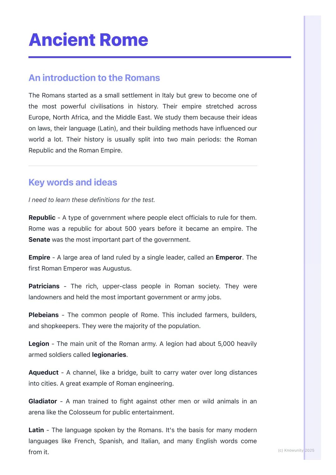 # Ancient Rome

## An introduction to the Romans

The Romans started as a small settlement in Italy but grew to become one of
the most power