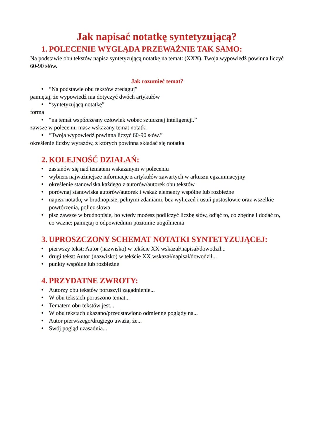 Jak napisać notatkę syntetyzującą?
1. POLECENIE WYGLĄDA PRZEWAŻNIE TAK SAMO:
Na podstawie obu tekstów napisz syntetyzującą notatkę na temat: