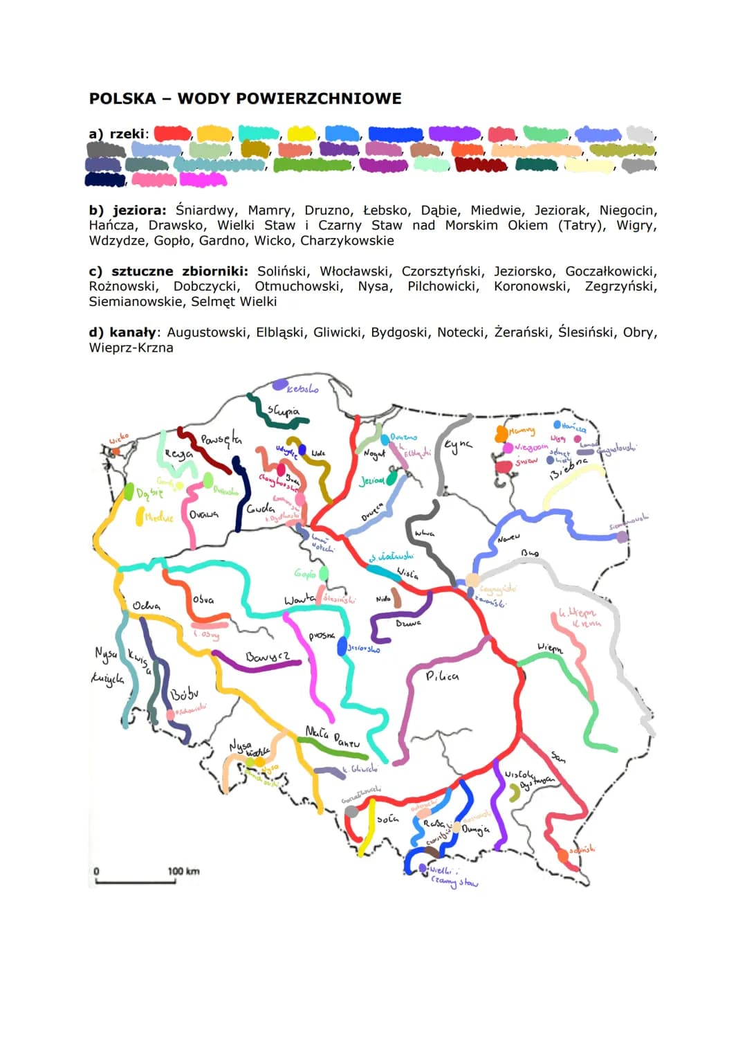 POLSKA WODY POWIERZCHNIOWE
a) rzeki:
b) jeziora: Śniardwy, Mamry, Druzno, Łebsko, Dąbie, Miedwie, Jeziorak, Niegocin,
Hańcza, Drawsko, Wielk