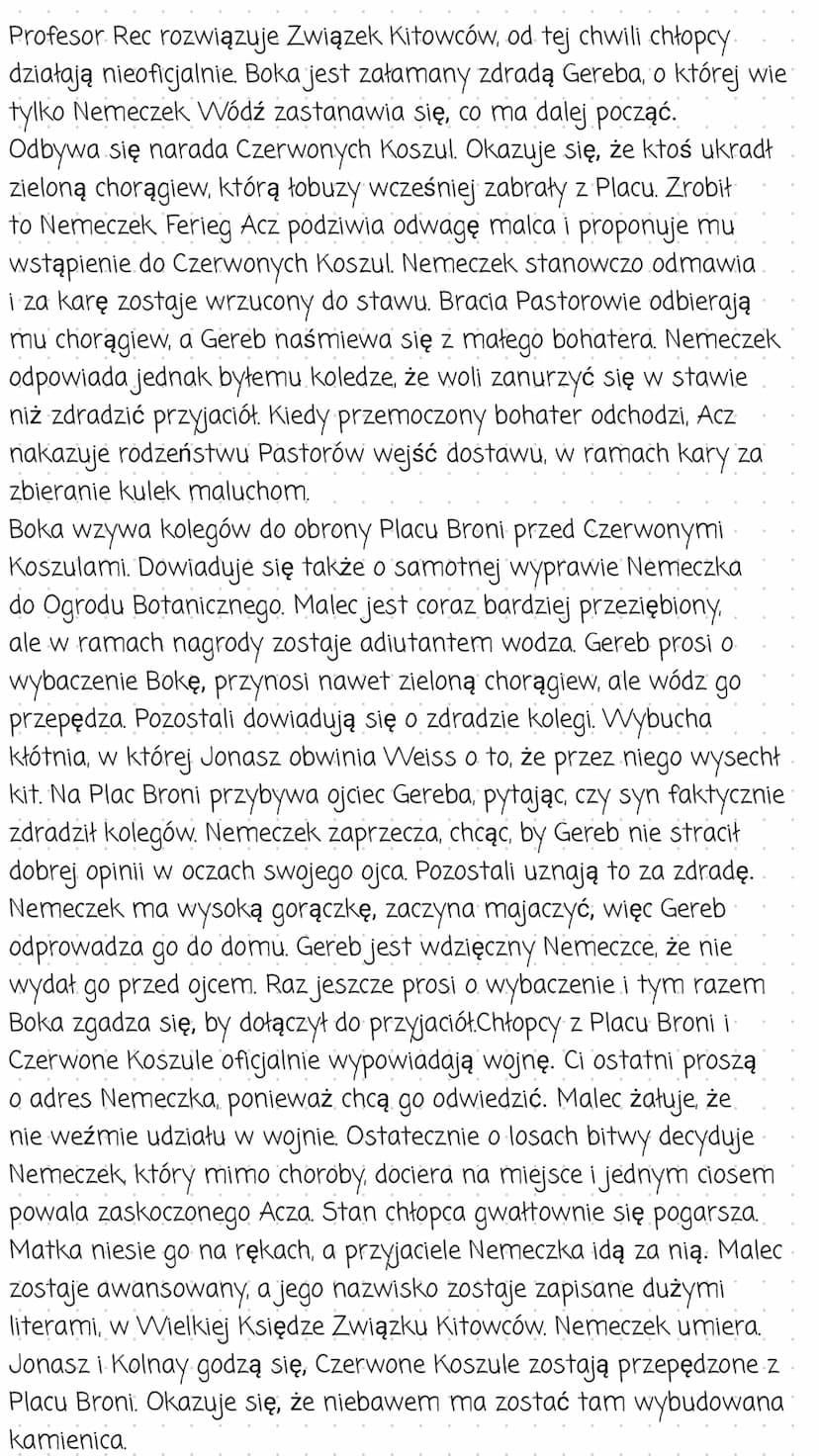 Chłopcy z Placu Broni
Streszczenie
W pewien marcowy dzień uczniowie czekają na zakończenie
lekcji. Jeden z nich, Czonakosz przekazuje przez 