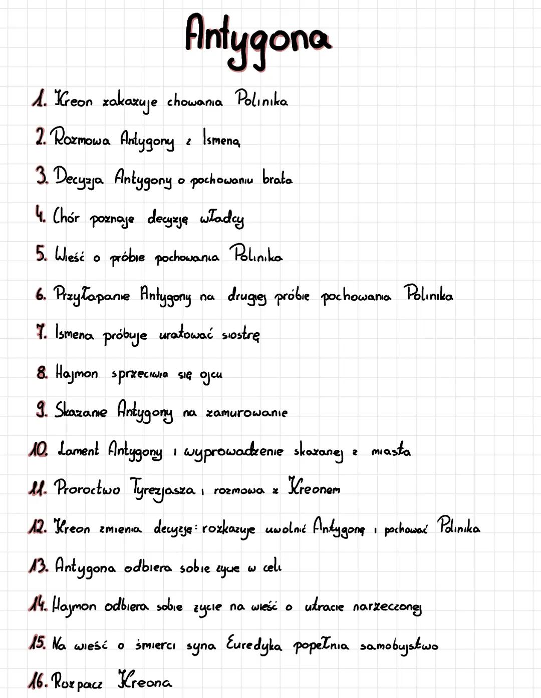 # Antygona

1. Kreon zakazuje chowania Polınıka
2. Rozmowa Antygony z Ismena
3. Decyzja Antygony o pochowaniu brata
4. Chór poznaje decyzję 