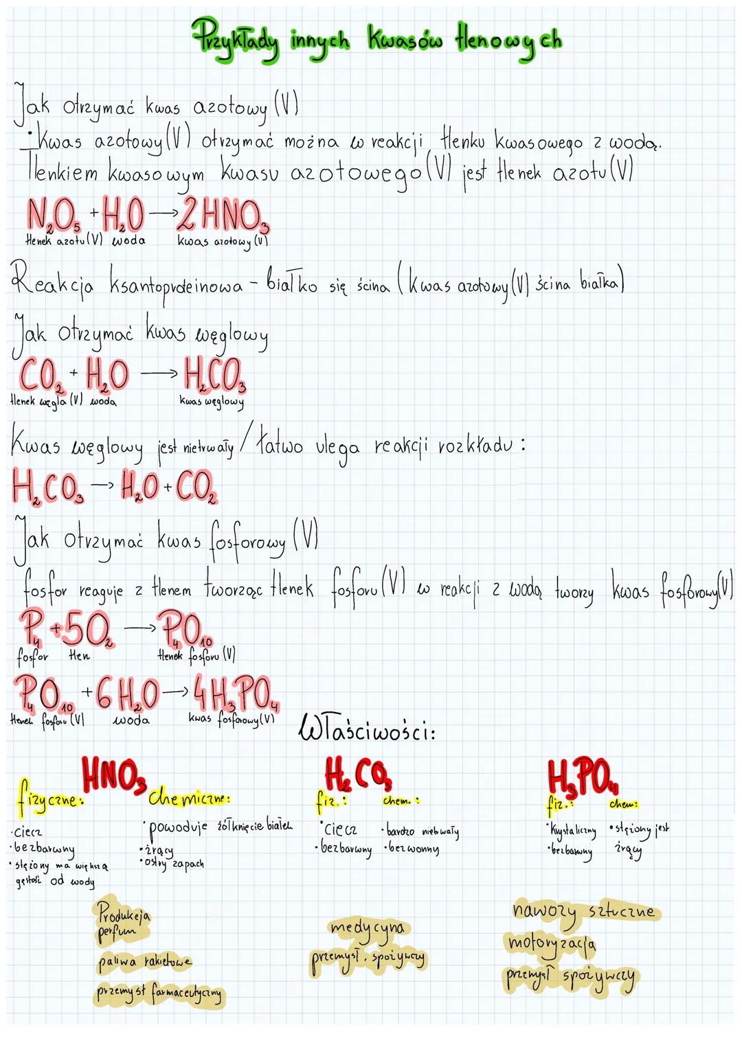 Przykłady innych kwasów tenowych
Jak otrzymać kwas azotowy (V)
-Kwas azotowy (V) otrzymać można w reakcji, tlenku kwasowego z wodą.
Tlenkiem