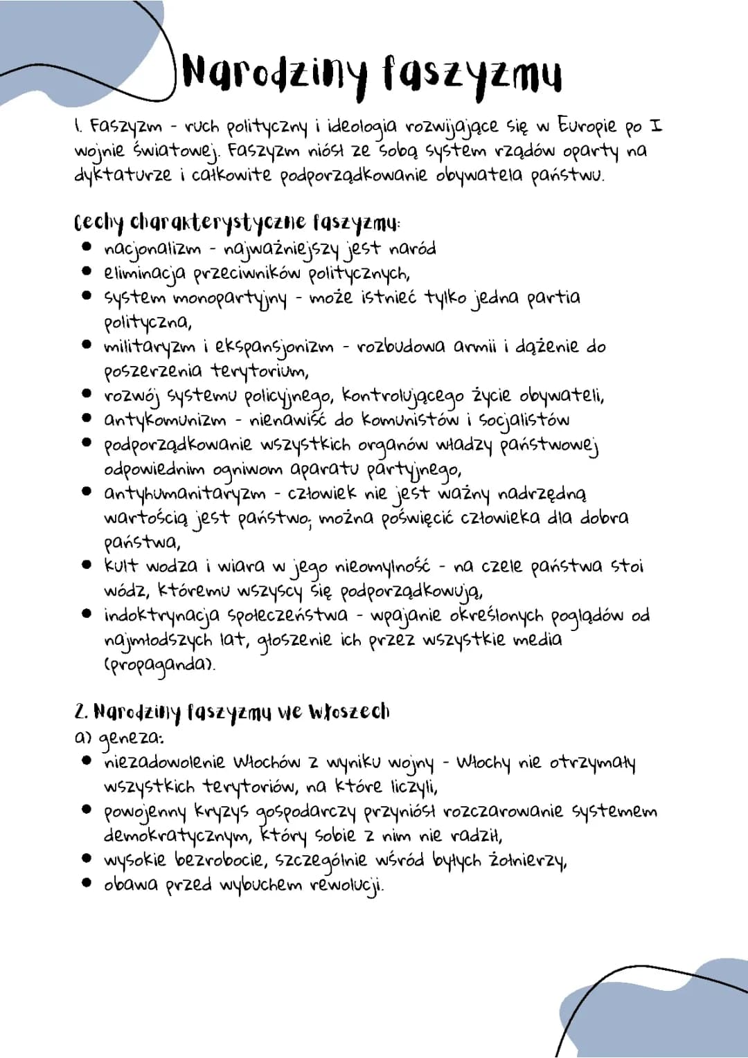 Narodziny faszyzmu i jego rozwój we Włoszech - Notatka Klasa 7