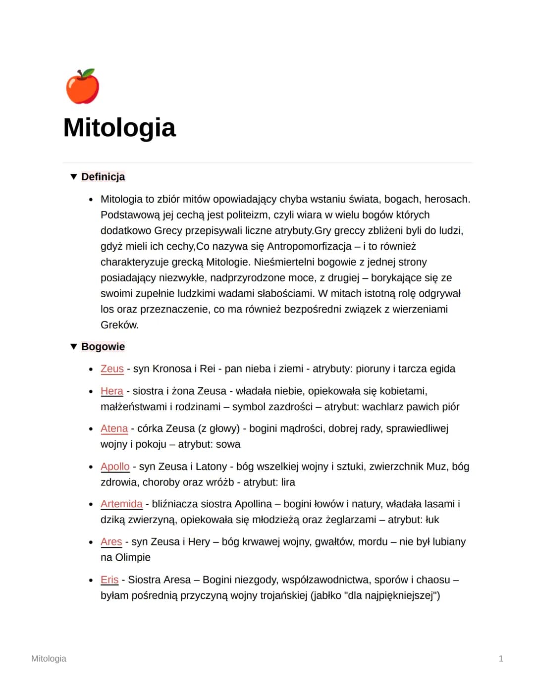 Mitologia
Mitologia
▼ Definicja
●
▼ Bogowie
• Zeus - syn Kronosa i Rei - pan nieba i ziemi - atrybuty: pioruny i tarcza egida
Hera - siostra