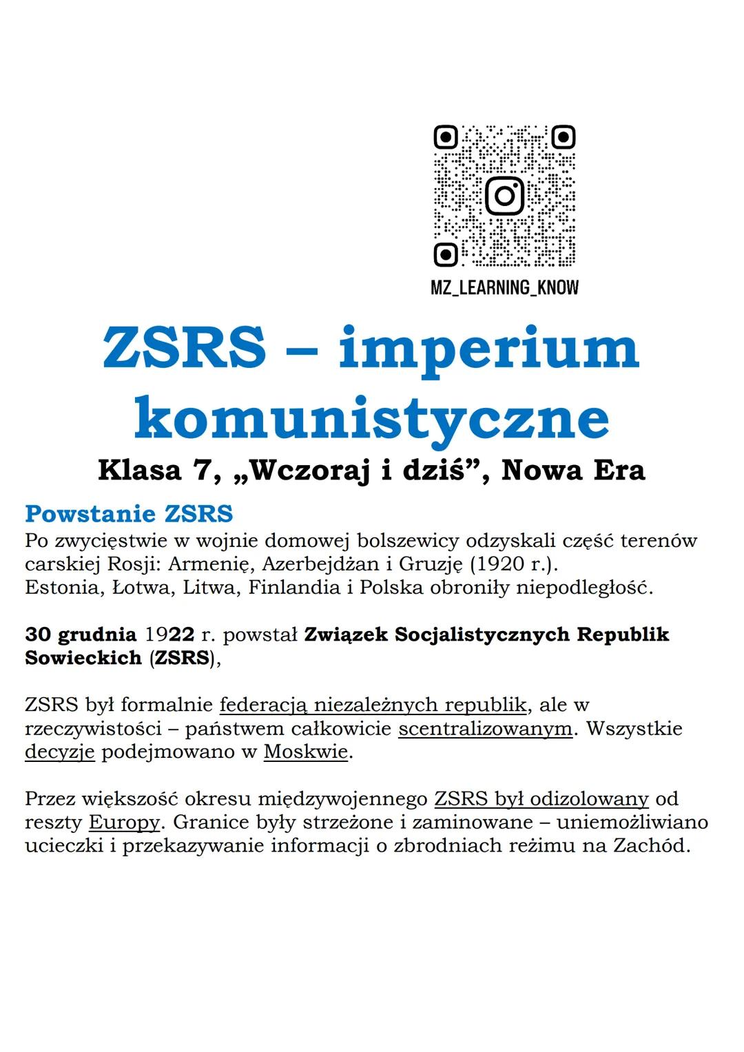 MZ_LEARNING_KNOW

# ZSRS – imperium
## komunistyczne
Klasa 7, „Wczoraj i dziś", Nowa Era

### Powstanie ZSRS
Po zwycięstwie w wojnie domowej
