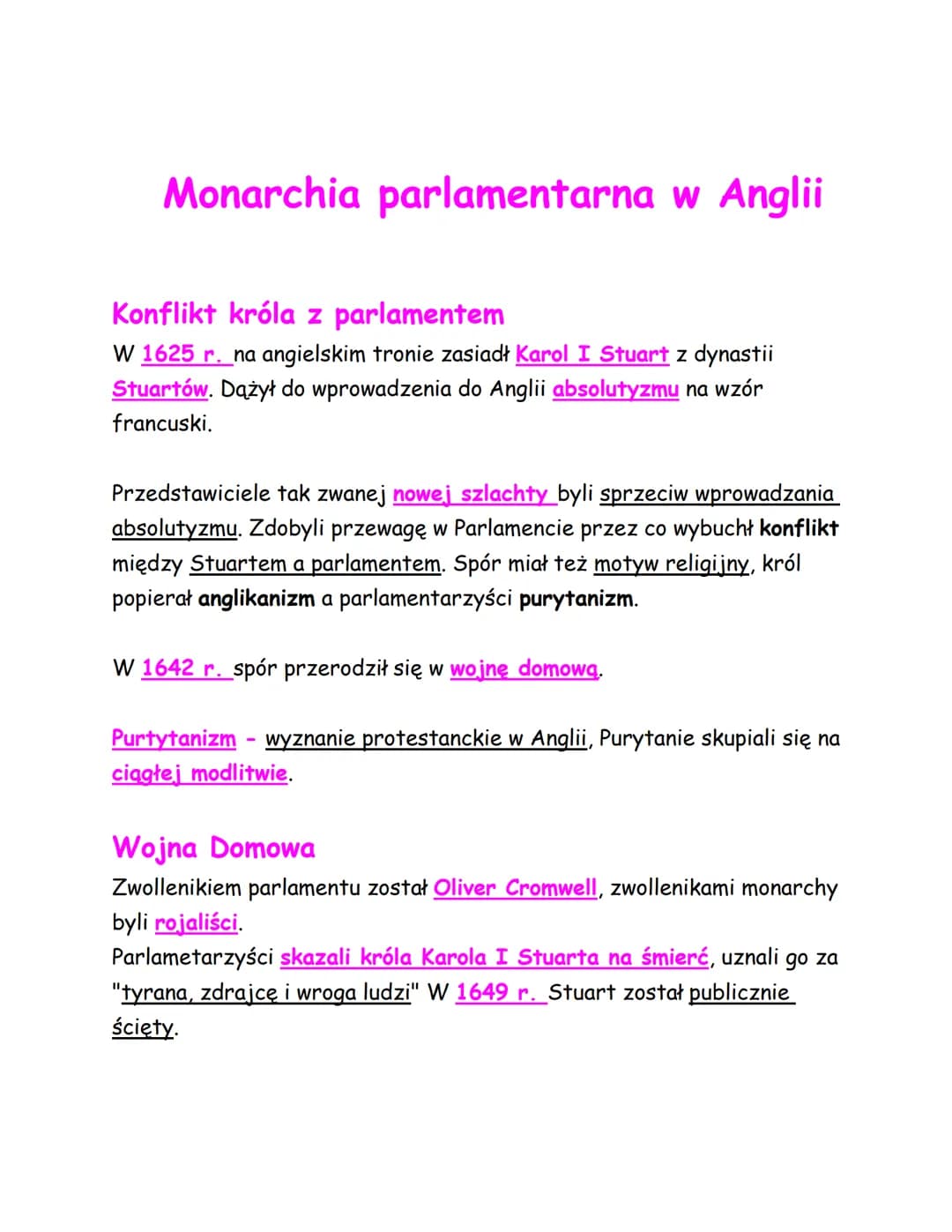 Monarchia parlamentarna w Anglii
Konflikt króla z parlamentem
W 1625 r. na angielskim tronie zasiadł Karol I Stuart z dynastii
Stuartów. Dąż