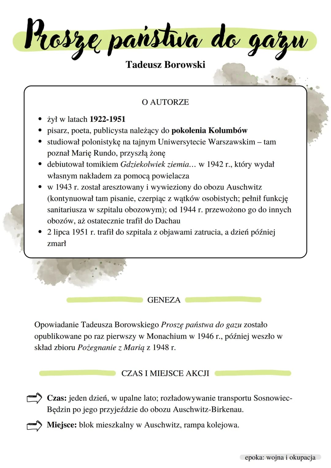 Prosze państwa do gazu
Tadeusz Borowski
O AUTORZE
• żył w latach 1922-1951
• pisarz, poeta, publicysta należący do pokolenia Kolumbów
• stud