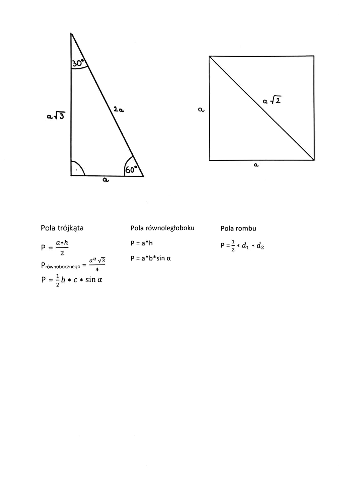 a√3
Pola trójkąta
P =
30°
a*h
2
a
aq √3
Prównobocznego
4
P = = b * c * sin a
=
2a
60°
Pola równoległoboku
P = a*h
P = a*b*sin a
a
a
Pola rom