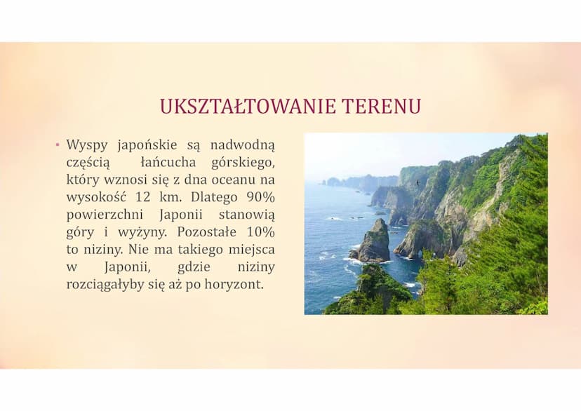 JAPONIA
Fakty i ciekawostki INFORMACJE POŁOŻENIE
• Japonię otacza Ocean Spokojny,
Morze Japońskie oraz Morze Żółte.
Mówi się, że ma kształt 