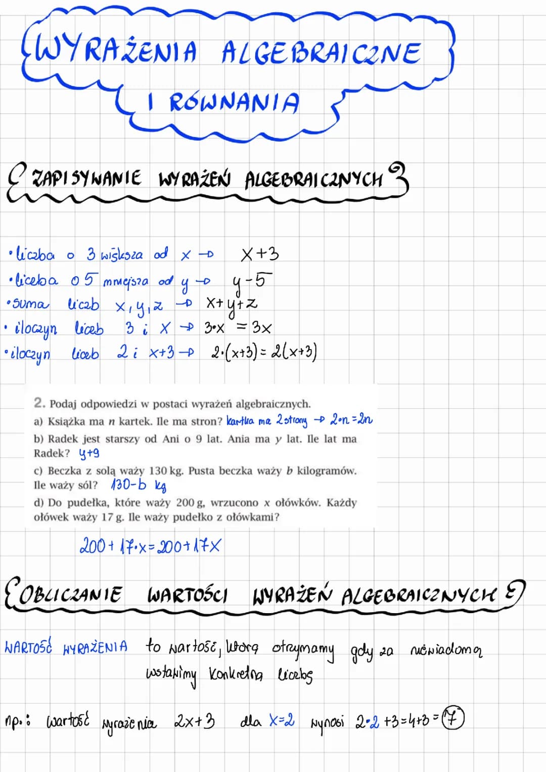 Zapisywanie i Obliczanie Wyrażeń Algebraicznych - Klasa 6 i 7 PDF