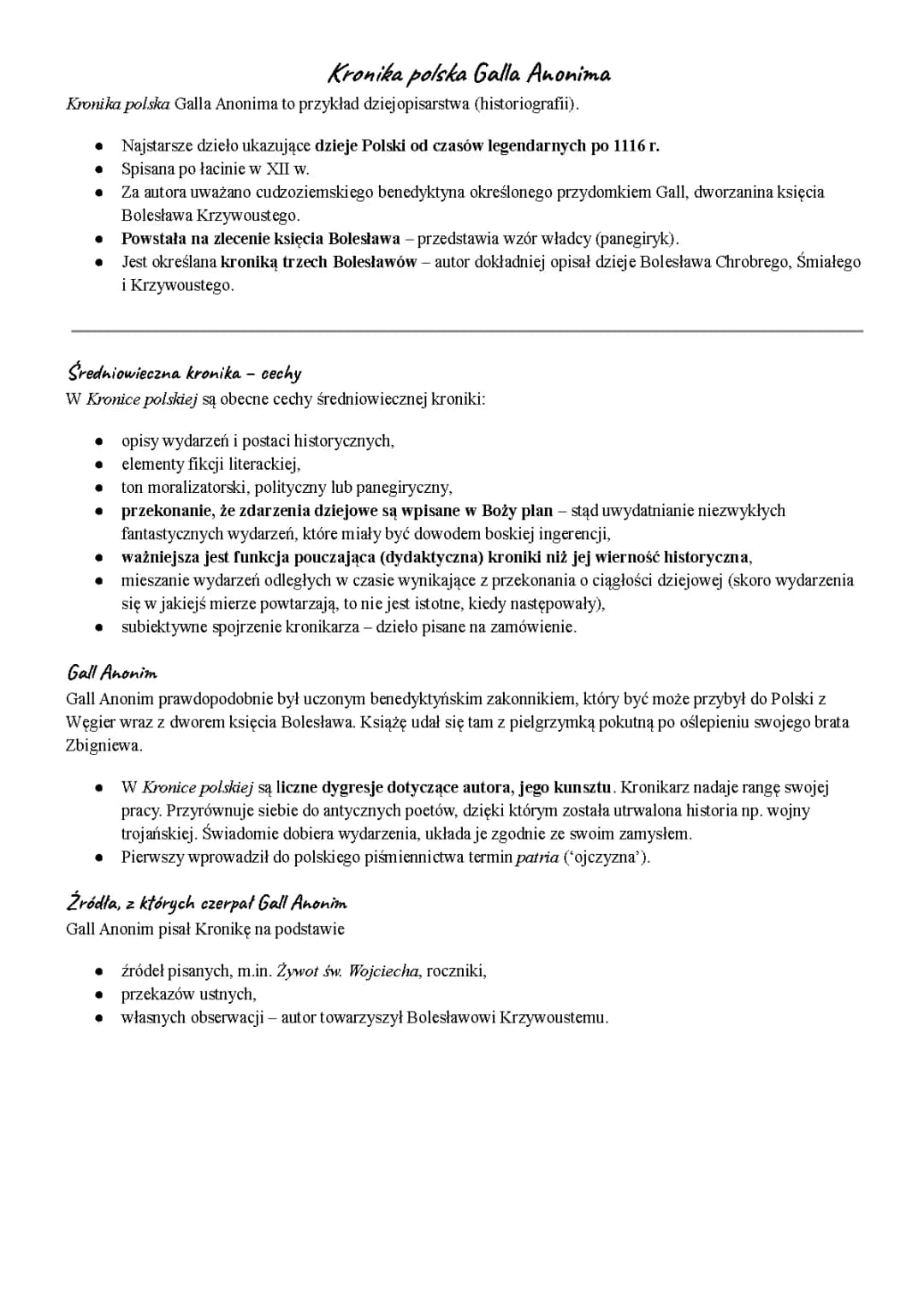 Kronika polska Galla Anonima - streszczenie, opracowanie i motywy