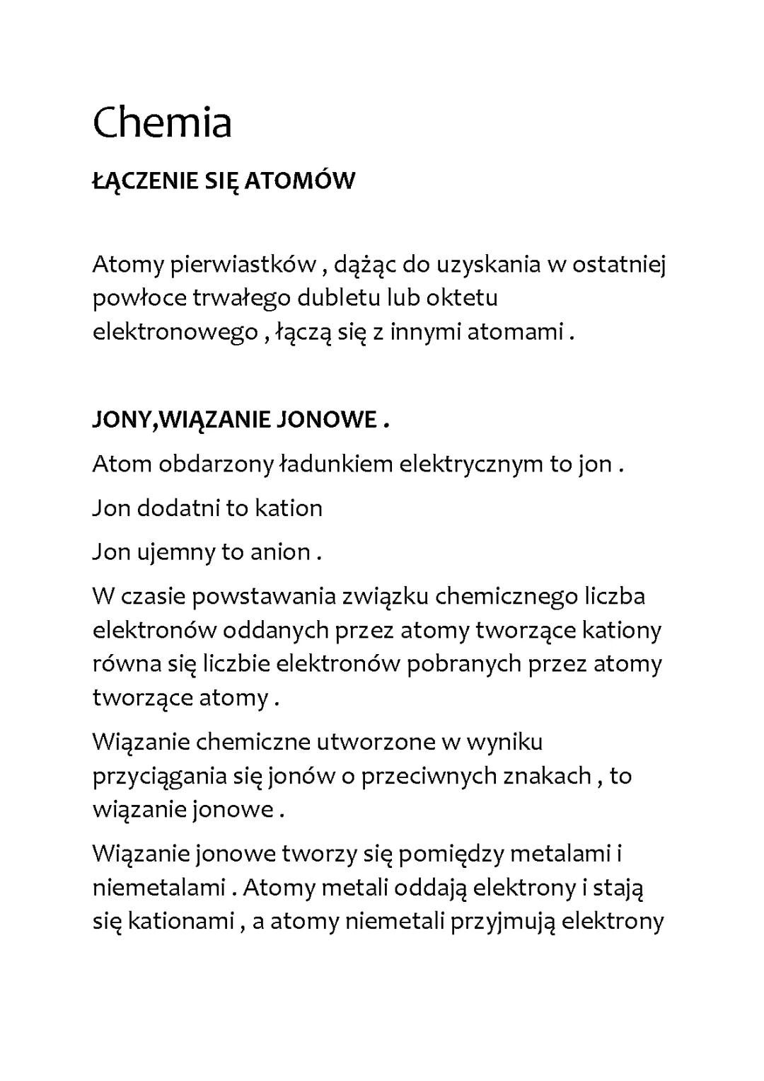 Łączenie się atomów, równania reakcji chemicznych - Sprawdzian klasa 7 PDF