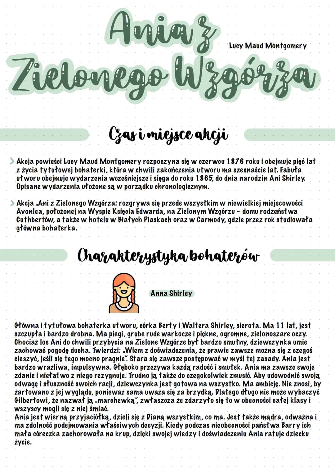 Lucy Maud Montgomery
Anias
Zielonego Wzgórza
Czas i miejsce akcji
> Akcja powieści Lucy Maud Montgomery rozpoczyna się w czerwcu 1876 roku i