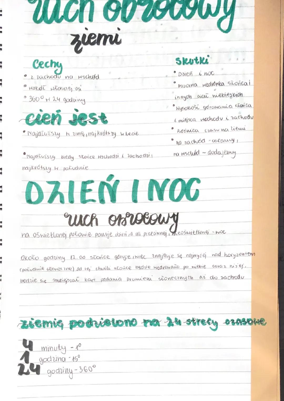 =
=
wich obrotowy
ziemi
Cechy
2 zachodu na Hschod
Hokoi Hłasnej osi
• 360° w 24 godziny.
cień jest
•Najałuższy N zime, naj króks ry w becie
