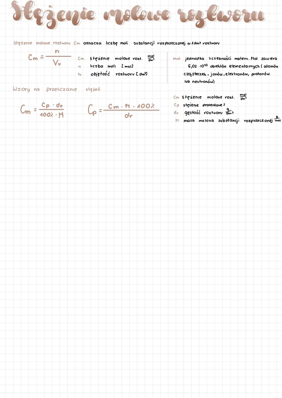 Stężenie molowe roztworu
stężenie molowe roztworu Cm oznacza liczbę moli substancji rozpuszczonej w1dm³ roztworu
n
Vr
Cm=
Wzory na
Cm=
przel