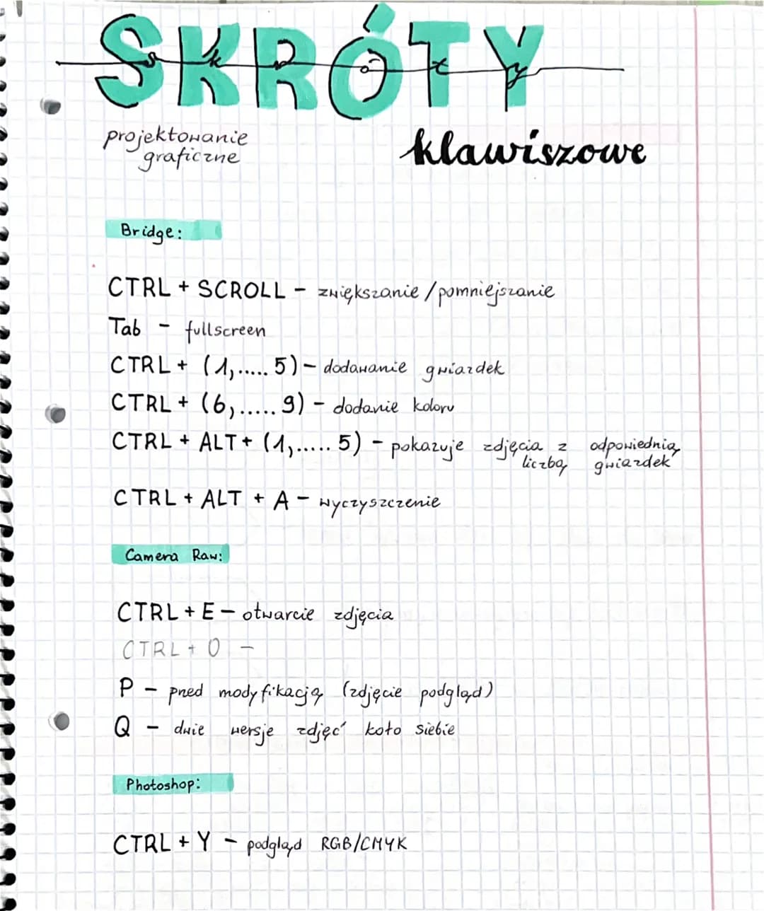 SKRÓTY
projektowanie
graficzne
Bridge:
CTRL + SCROLL- zwiększanie /pomniejszanie
Tab
fullscreen
CTRL + (1,..... 5) - dodawanil griazdek
CTRL