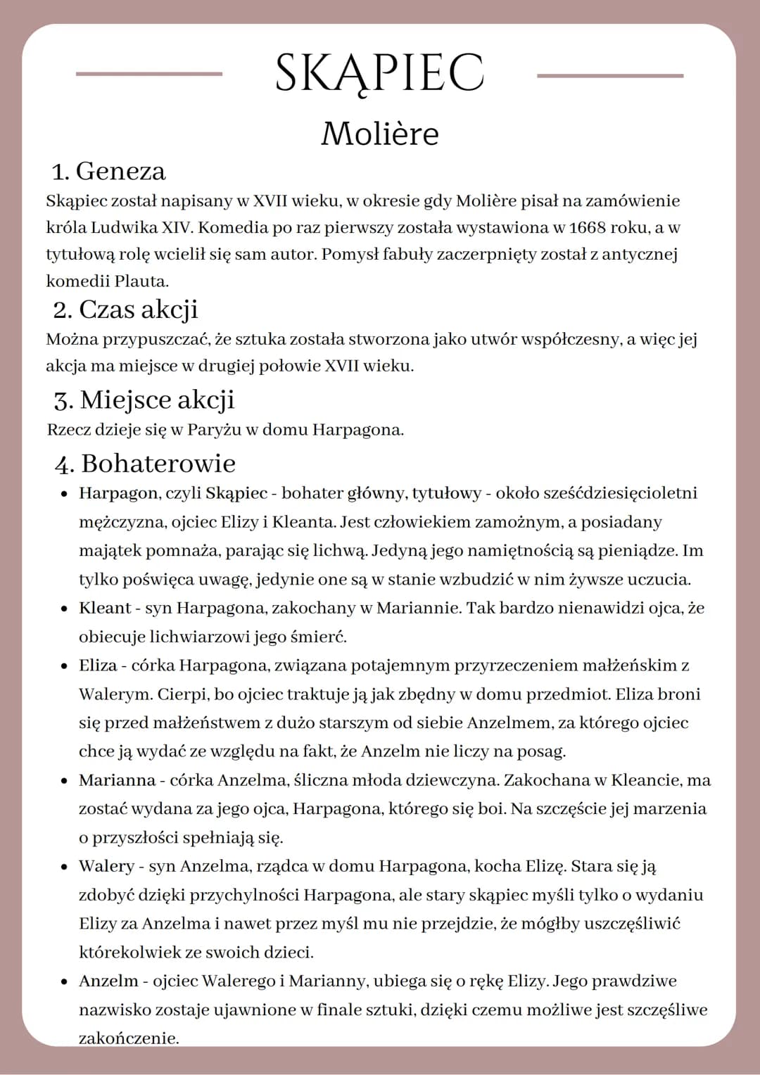 SKĄPIEC
Molière
1. Geneza
Skąpiec został napisany w XVII wieku, w okresie gdy Molière pisał na zamówienie
króla Ludwika XIV. Komedia po raz 