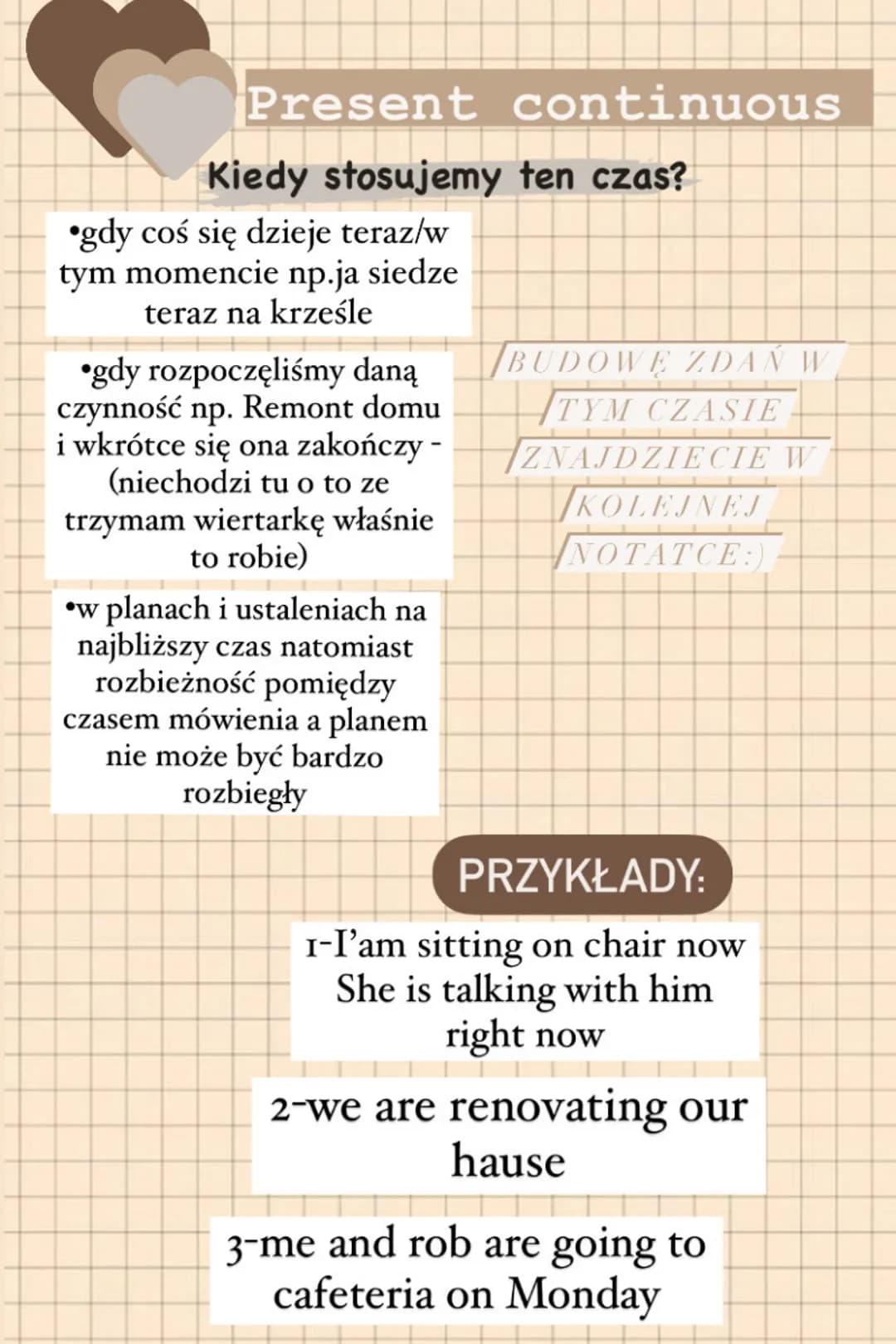 Present continuous
Kiedy stosujemy ten czas?
gdy coś się dzieje teraz/w
tym momencie np.ja siedze
teraz na krześle
gdy rozpoczęliśmy daną
cz
