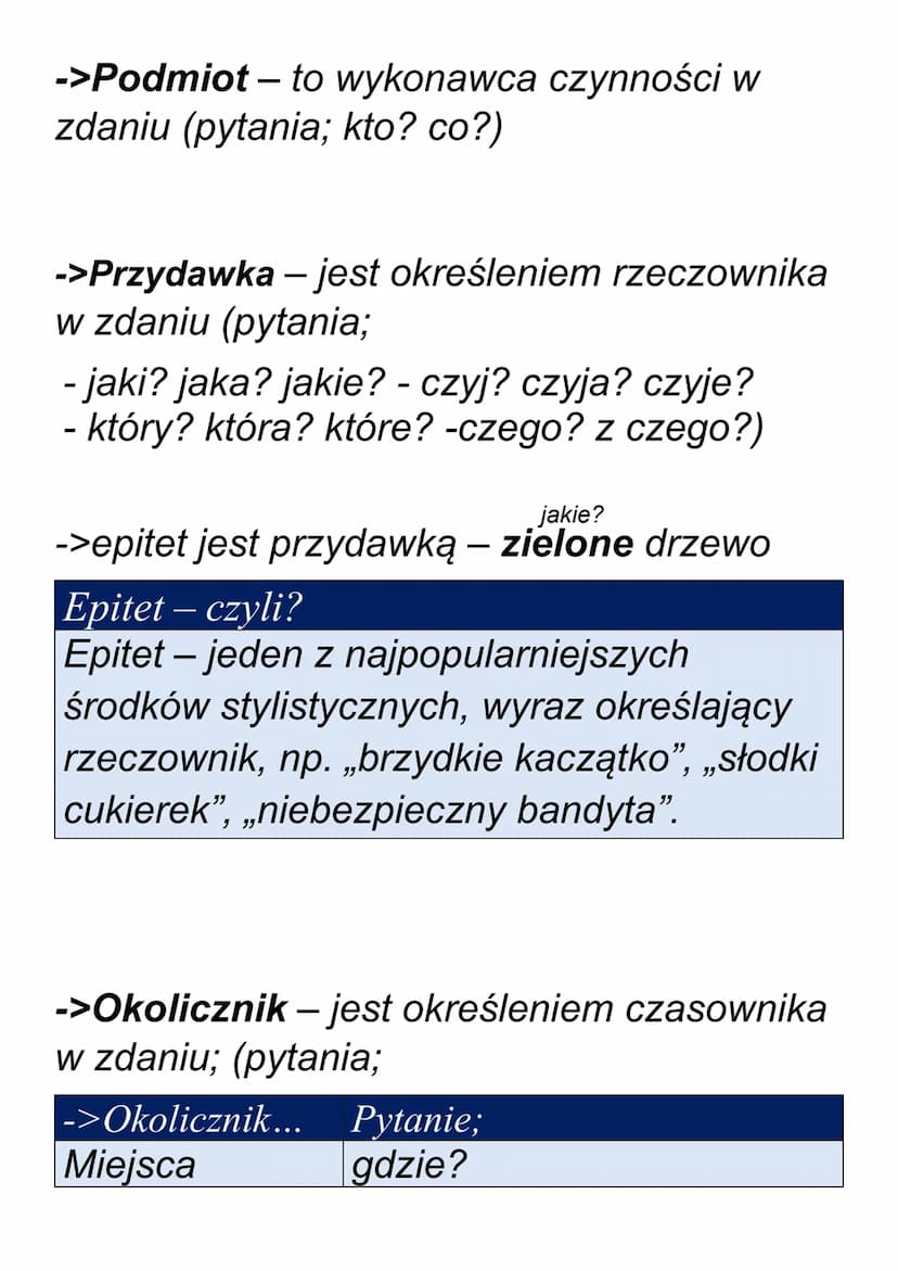 # Części zdania
teoria - powtórka e8
orzeczenie
podmiot
przydawka
dopetnienie
okolicznik
części zdania
->Orzeczenie – czasownik w zdaniu, za
