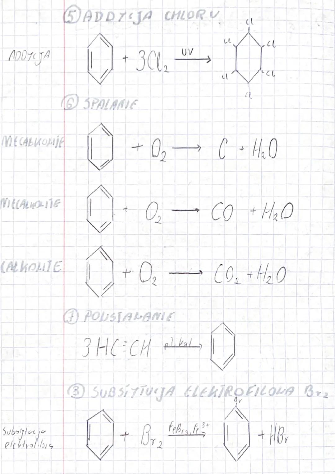 WEGLOWJOBORY
AROMATYCZNE
Najważniejsze reakcje
BENZEN
ONTROWANIE
+ HNO₂
3 SULFONDUANE
(51)) Н250н.
+CH
CH3-Cl
ADDYCJA WODORU
hat
3H₂2 Inp. k