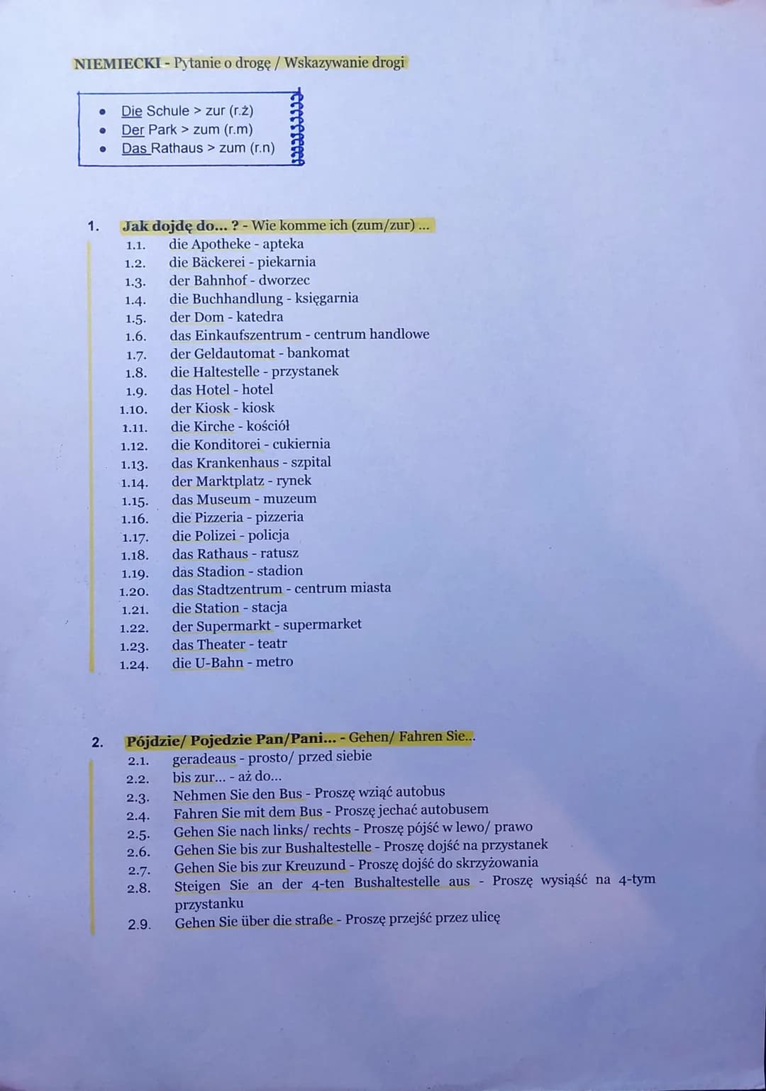 <h2 id="opisdrogiponiemieckuwiczenia">Opis drogi po niemiecku ćwiczenia</h2>
<p>Die Schule zur (r.ż) Der Park &gt; zum (r.m) Das Rathaus &gt