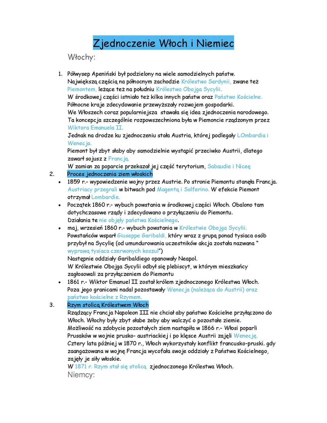 Historia Zjednoczenia Włoch i Niemiec - Notatka dla Klasy 7