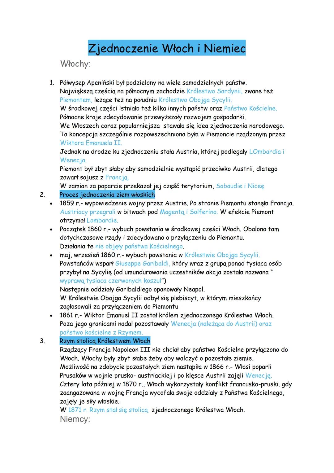 2.
3.
Zjednoczenie Włoch i Niemiec
Włochy:
1. Półwysep Apeniński był podzielony na wiele samodzielnych państw.
Największą częścią na północn