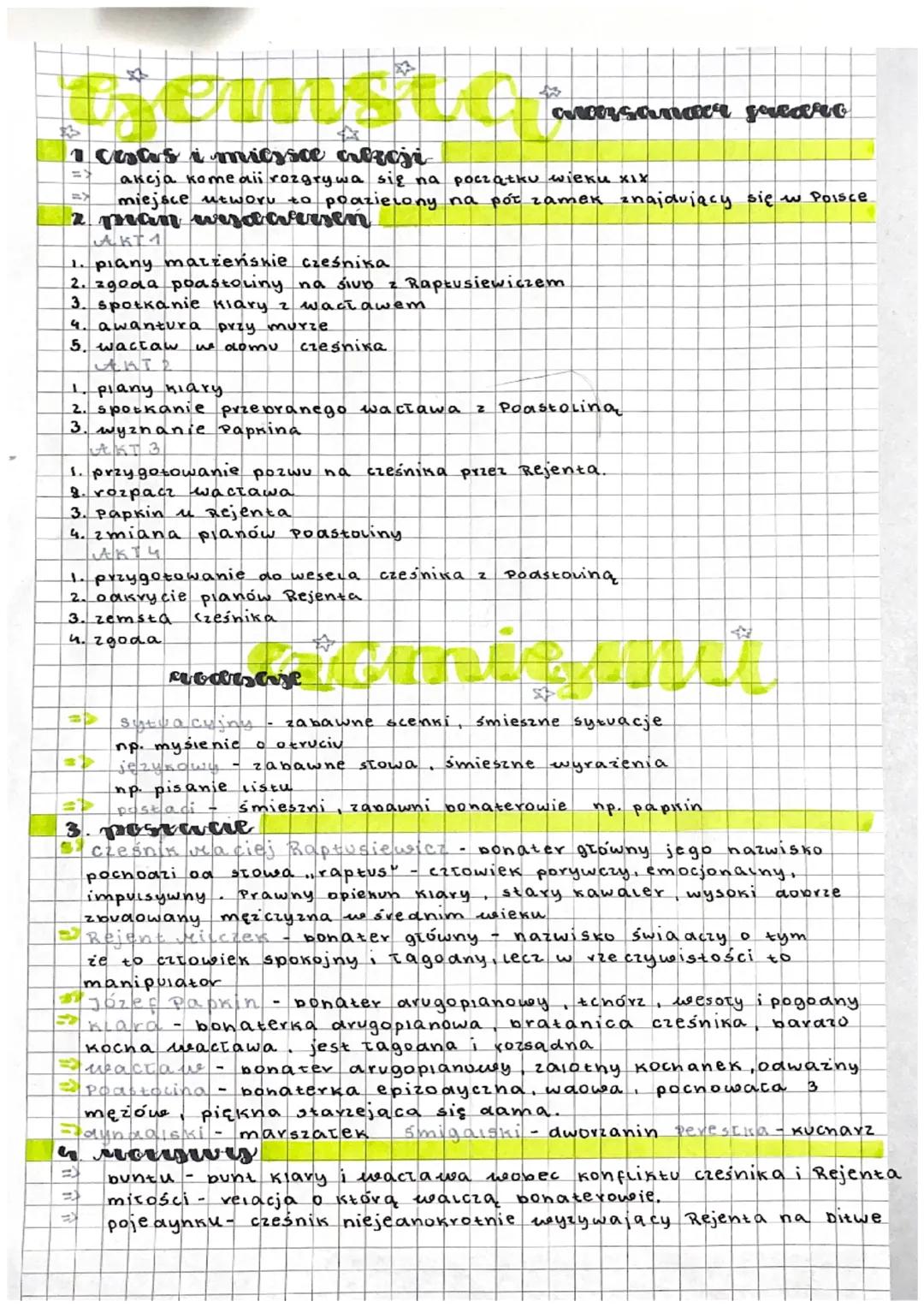 52
i cisas i mitysce afpcji
=>
akcja komedii rozgrywa się na początku wieku XIX
miejsce utworu to poazielony na pół zamek znajdujący się w P