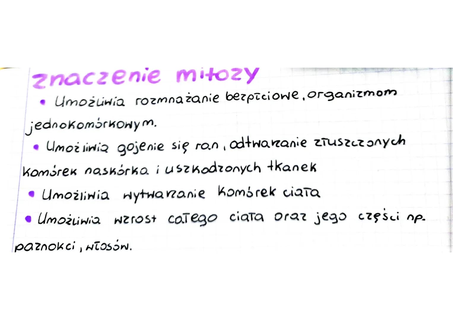 mitoza -
samą
Mitoza zachodzi w komórkach somatycznych. Komórki
potomne powstające w wyniku tego procesu mają taką
ilość materiatu genetyczn