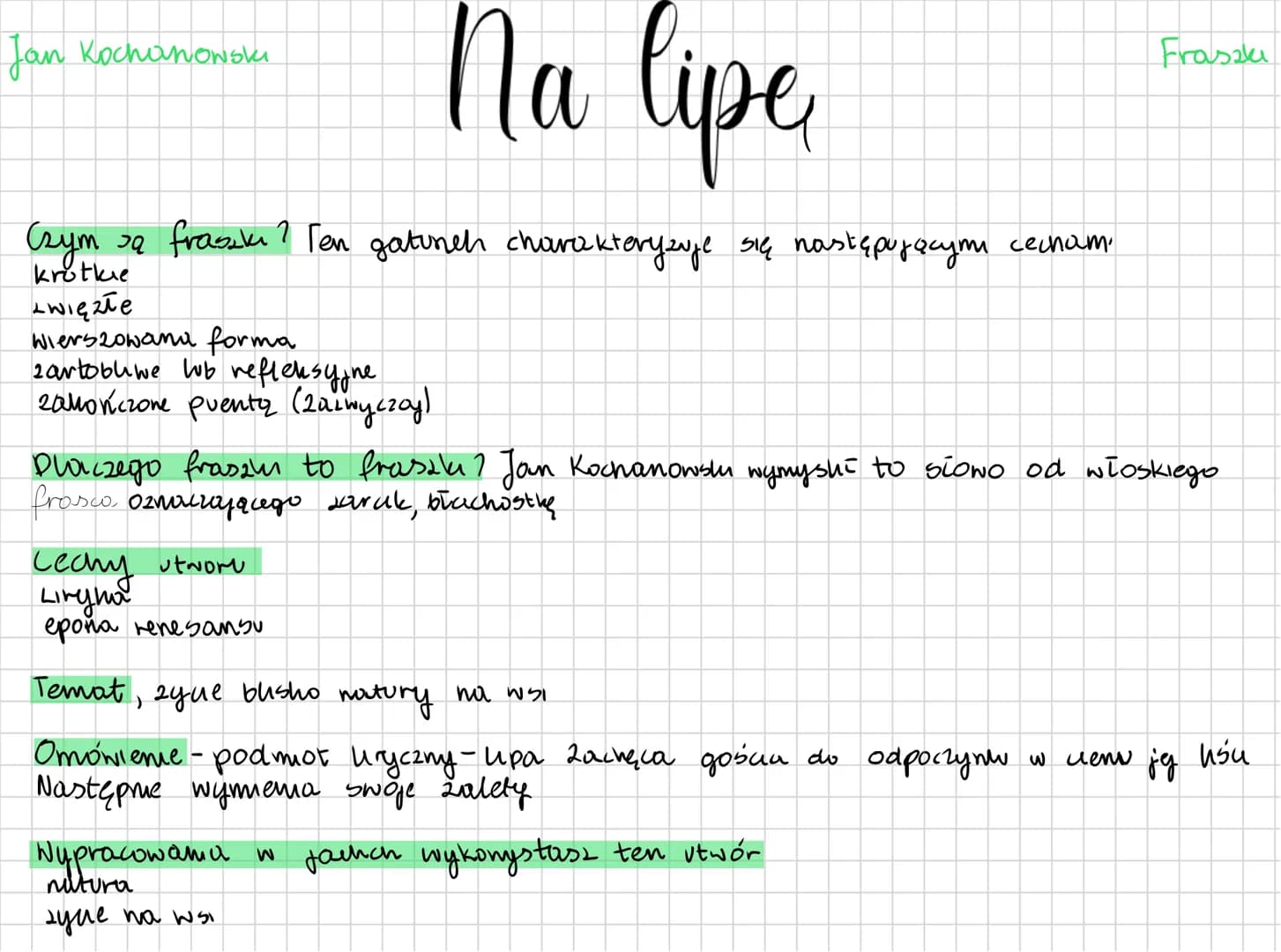 Na lipe
Czym sa frasik? Ten gatunch charakteryzuje się następującymi cenam.
krotkie
zwięzłe
Jan Kochanowski
Wierszowana forma
2artobliwe lub