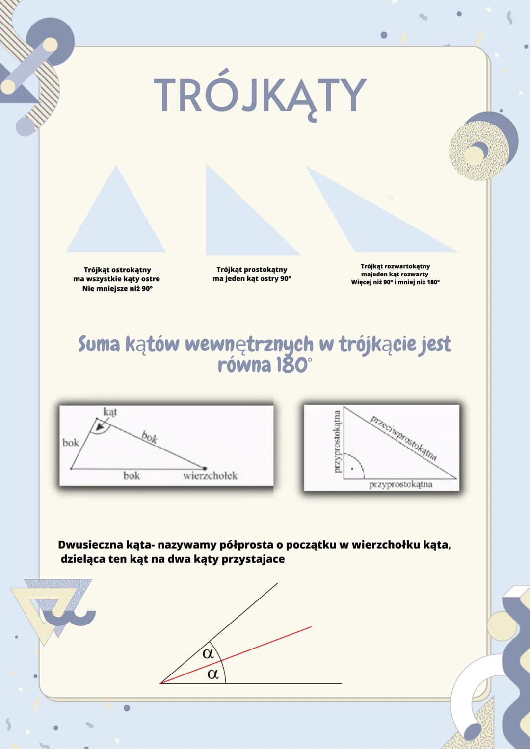 Trójkąt ostrokątny
ma wszystkie kąty ostre
Nie mniejsze niż 90°
bok
TRÓJKĄTY
kąt
Suma kątów wewnętrznych w trójkącie jest
równa 180
bok
Trój