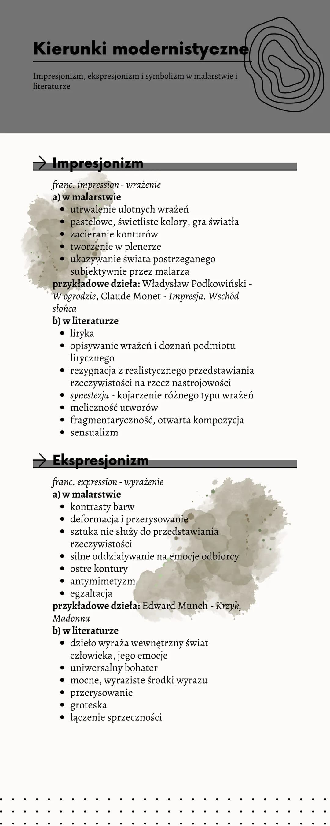 Kierunki modernistyczne
Impresjonizm, ekspresjonizm i symbolizm w malarstwie i
literaturze
→ Impresjonizm
franc. impression - wrażenie
a) w 