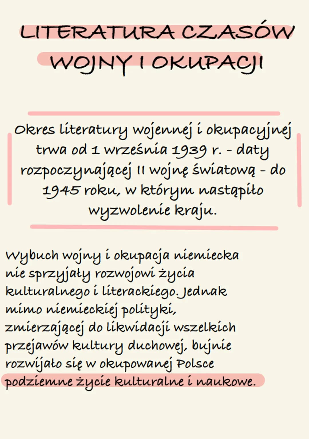 LITERATURA CZASÓW
WOJNY I OKUPACJI
Okres literatury wojennej i okupacyjnej
trwa od 1 września 1939 r. - daty
rozpoczynającej 11 wojnę świato