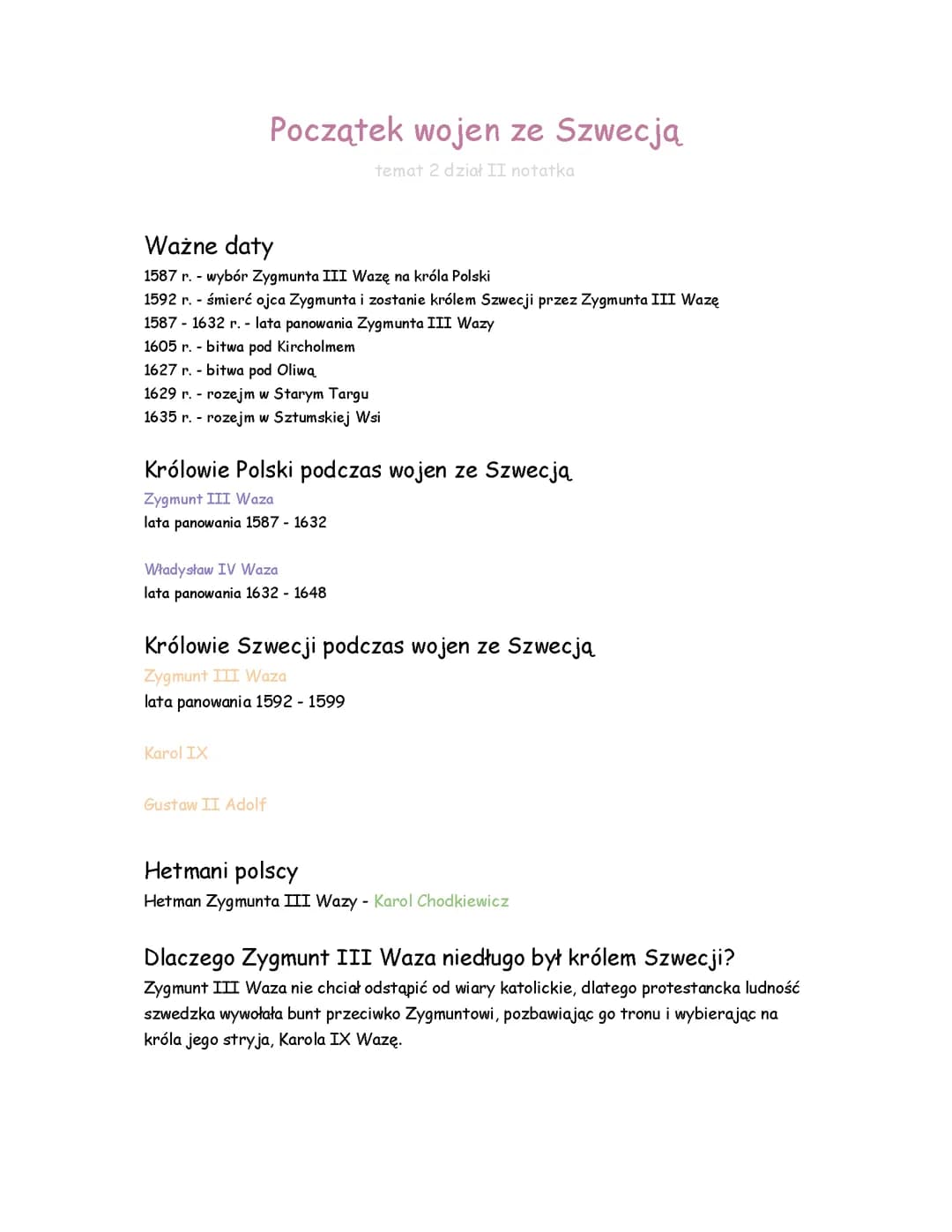 Początek wojen ze Szwecją - historia klasa 6