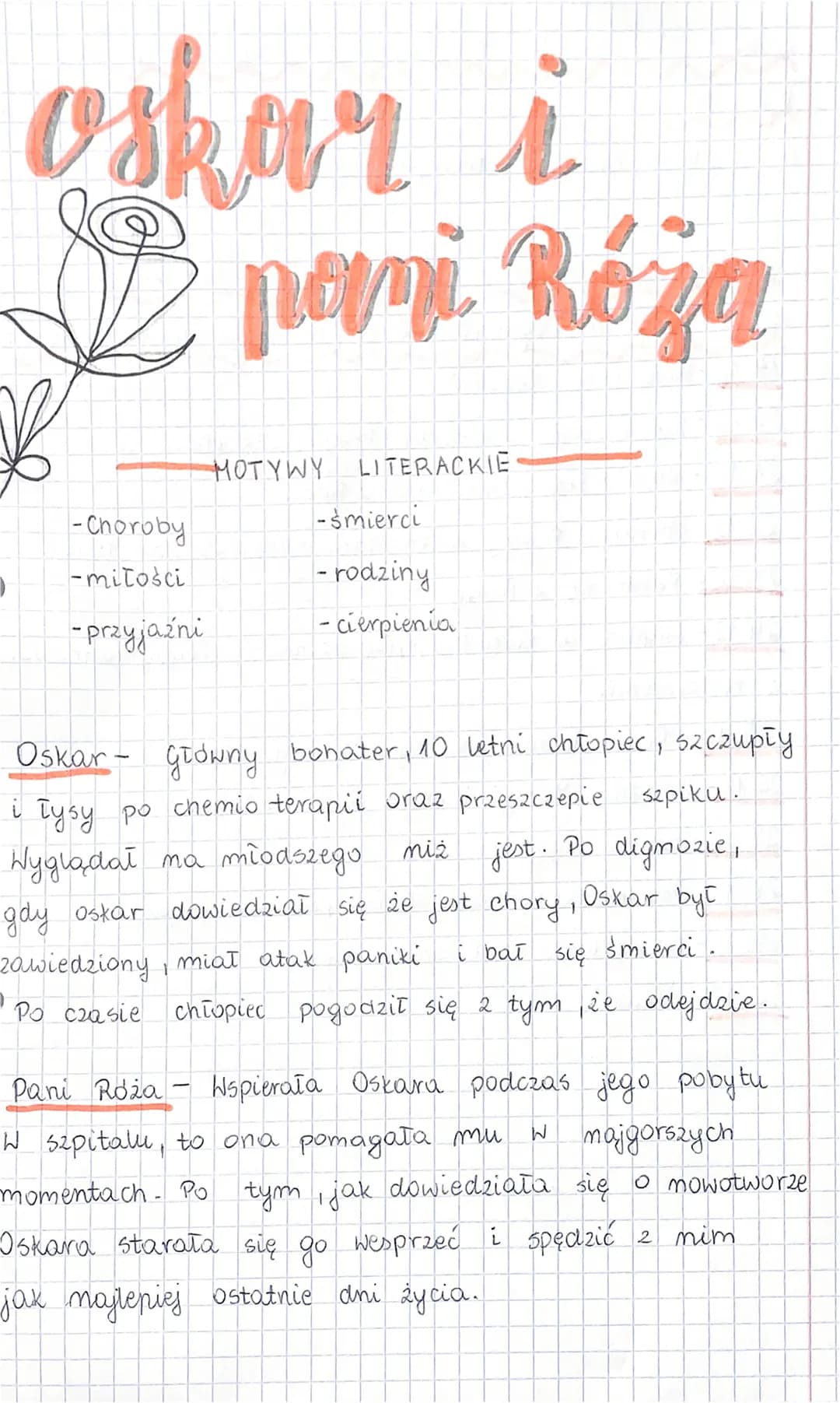 oskar i
pani Róża
-Choroby
-mitości
-przyjazni
MOTYWY LITERACKIE
-śmierci
- rodziny
- cierpienia
Oskar- Główny bohater, 10 letni chtopiec, s