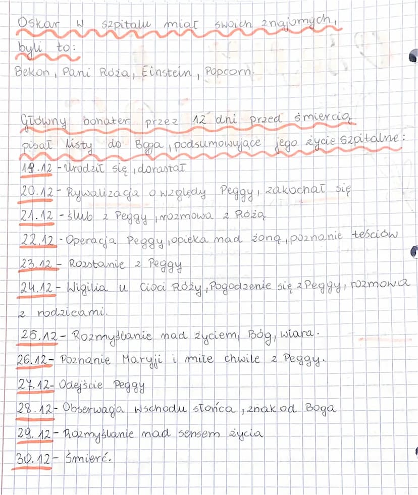 oskar i
pani Róża
-Choroby
-mitości
-przyjazni
MOTYWY LITERACKIE
-śmierci
- rodziny
- cierpienia
Oskar- Główny bohater, 10 letni chtopiec, s