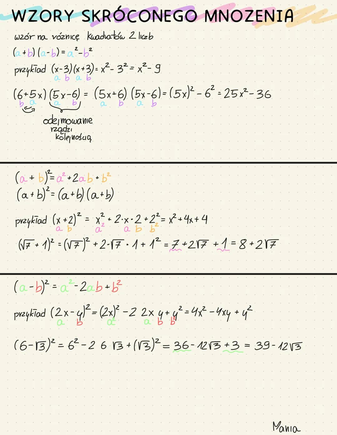 WZORY SKRÓCONEGO MNOZENIA
wzór na vóznicę kwadratów 2 liczb
2
(a + b) (a - b) = a ² - 6²
przykład (x-3) (x+3) = x² - 3² = x ²²-g
a
a b
(6+5x