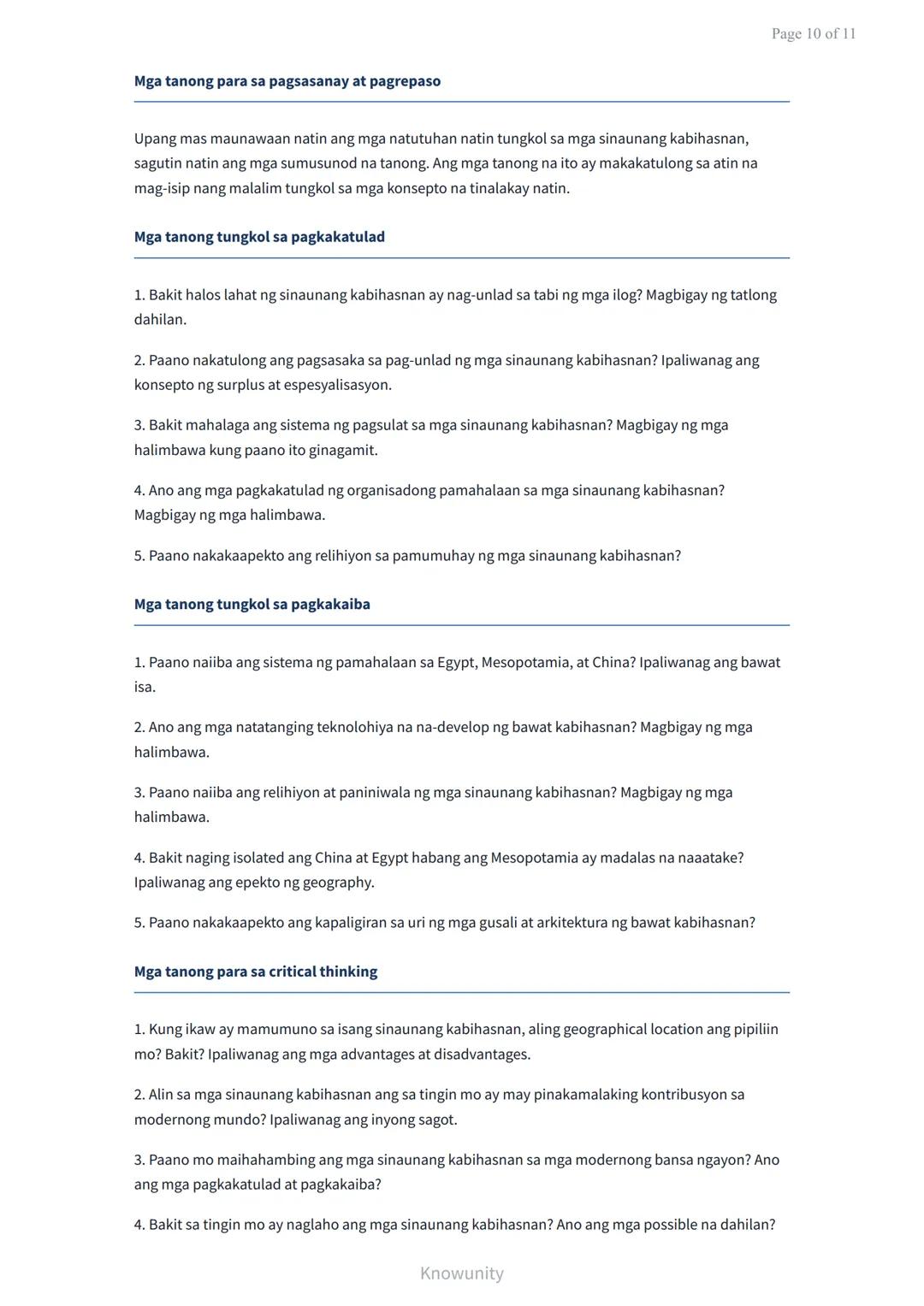 # Sinauang Kabihasnan ng Daigdig: Pagkakatulad at Pagkakaiba

Pag-aaral ng mga sinauang kabihasnan at kanilang mga katangian

## Mga Layunin