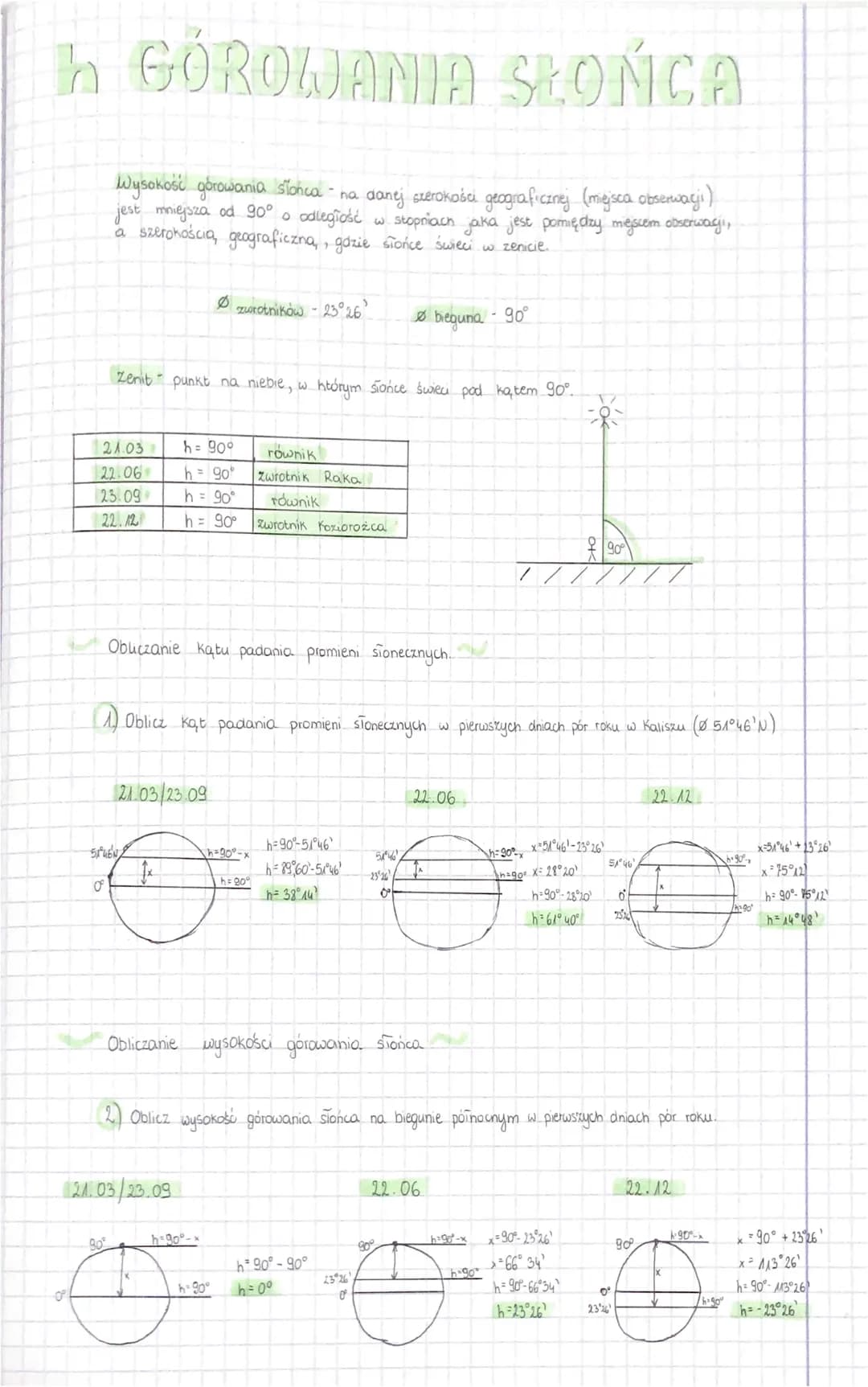 h GÓROWANIA SŁOŃCA
jest mniejsza od 90°
Wysokość górowania słońca - na danej szerokości geograficznej (miejsca obserwacji)
O odległość w sto