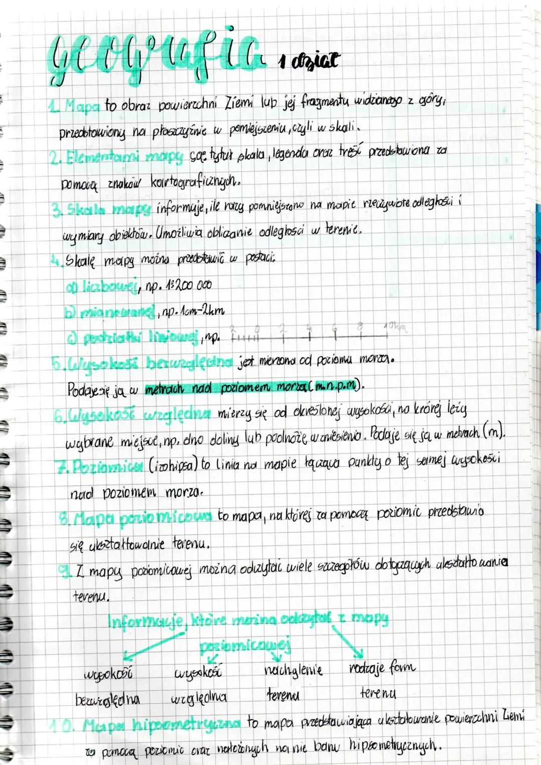 e
e
Geografia
1 dział
1. Mapa to obraz powierzchni Ziemi lub jej fragmentu widzianego z góry,
przedstawiony na płaszczyźnie w pomiejszeniu, 