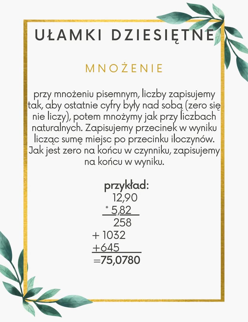 UŁAMKI DZIESIĘTNE
ZAMIANA UŁAMKÓW
ZWYKŁYCH NA DZIESITNE
aby to zrobić należy zamienić ułamek zwykły
na niewłaściwy (mnożymy część całkowitą
