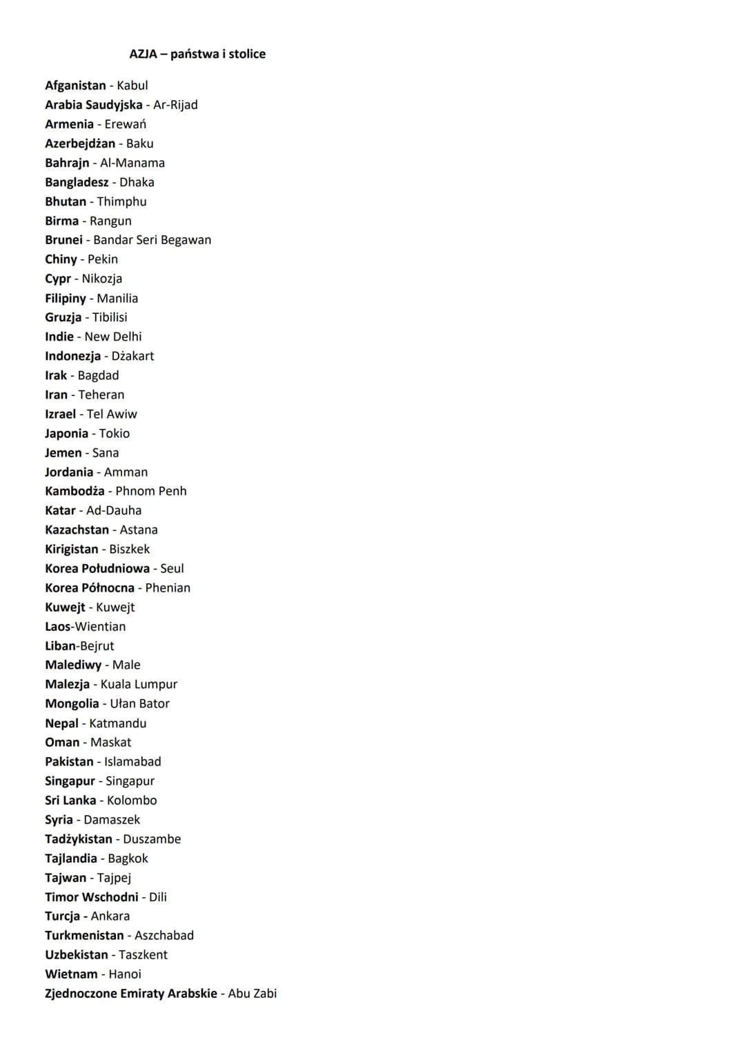 AZJA -państwa i stolice
Afganistan - Kabul
Arabia Saudyjska - Ar-Rijad
Armenia - Erewań
Azerbejdżan - Baku
Bahrajn - Al-Manama
Bangladesz - 