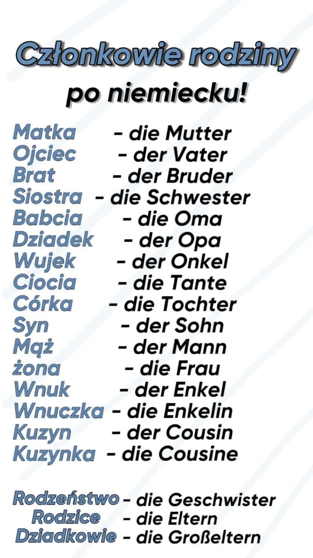 Członkowie rodziny
po niemiecku!
Matka
Ojciec
Brat
- die Mutter
- der Vater
- der Bruder
Siostra- die Schwester
- die Oma
- der Opa
- der On