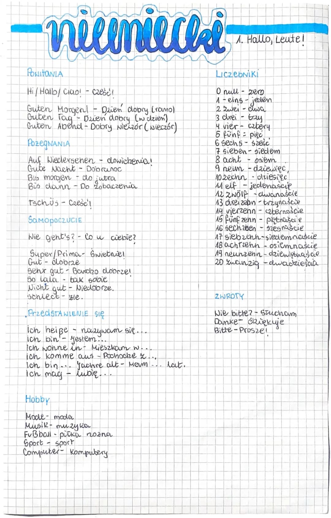 -niemiecki
1. Hallo, Leute!
PONITANIA
Hi/Hallo/ Ciao! - cześć!
Guten Morgen! - Dzień dobry (ramo).
Guten Tag - Dzień dobry (w dzień),
Guten 