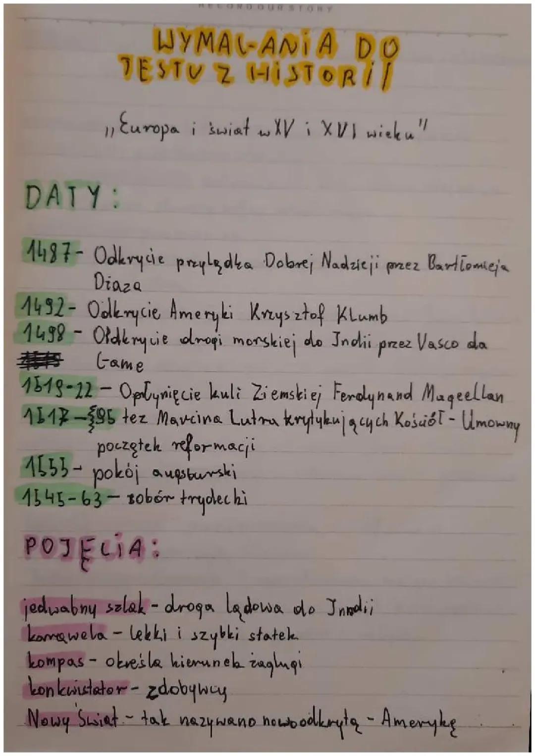 Kluczowe daty i wydarzenia Europy oraz świata w XV i XVI wieku