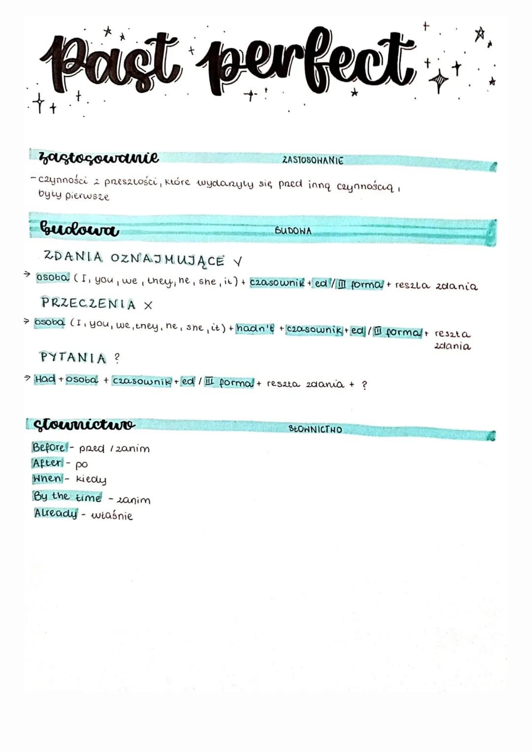 # Past perfect

zastosowanie
ZASTOSOWANIE
- czynności z preszłości, które wydanyły się pred inną czynnością,
byty pierwsze

budowa
BUDOWA
ZD