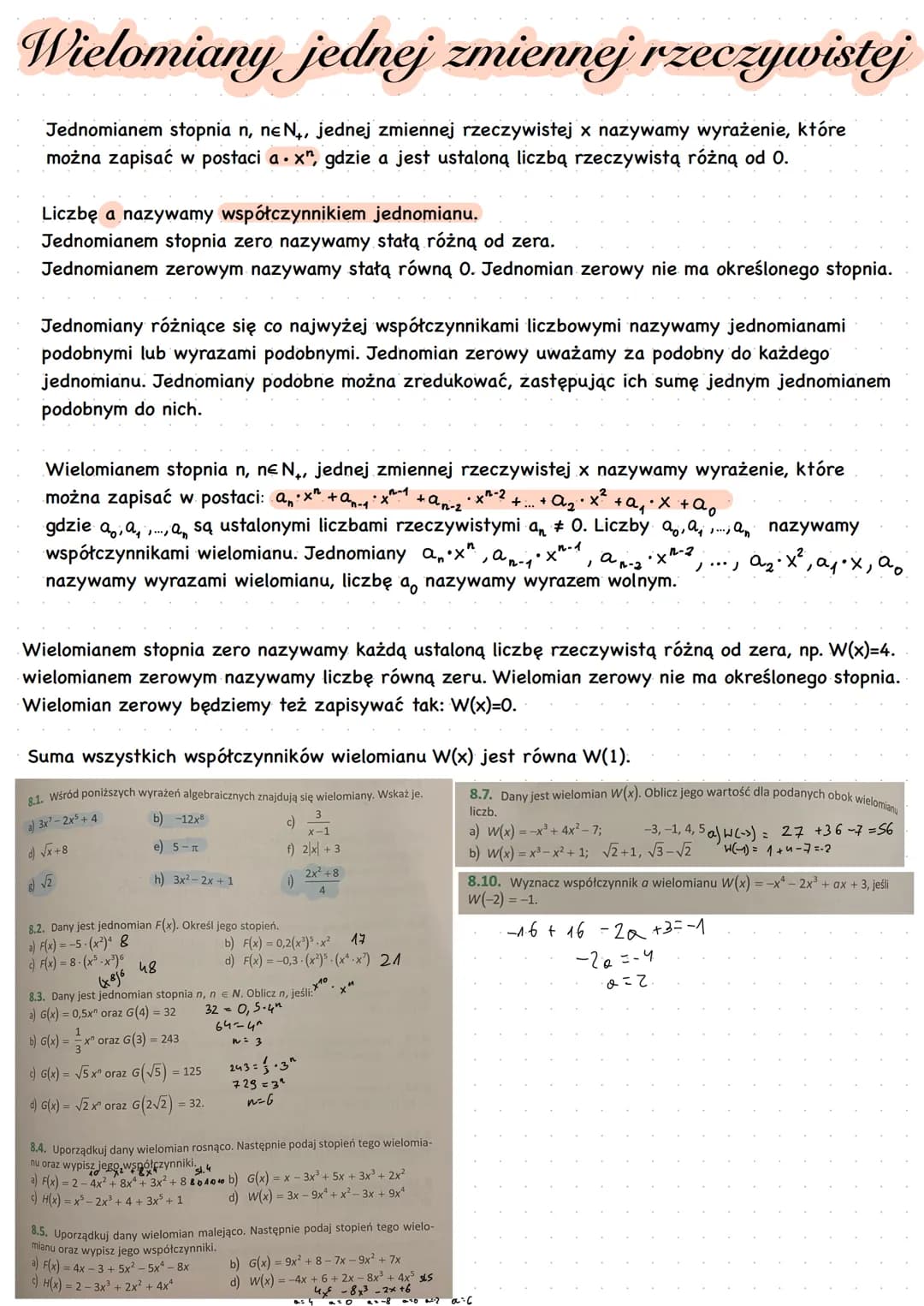Wielomiany jednej zmiennej rzeczywistej
Jednomianem stopnia n, ne N,, jednej zmiennej rzeczywistej x nazywamy wyrażenie, które
można zapisać