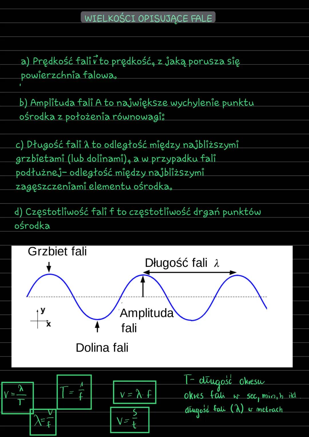 # WIELKOŚCI OPISUJĄCE FALE

a) Prędkość faliv to prędkość, z jaką porusza się
powierzchnia falowa.

b) Amplituda fali A to największe wychyl