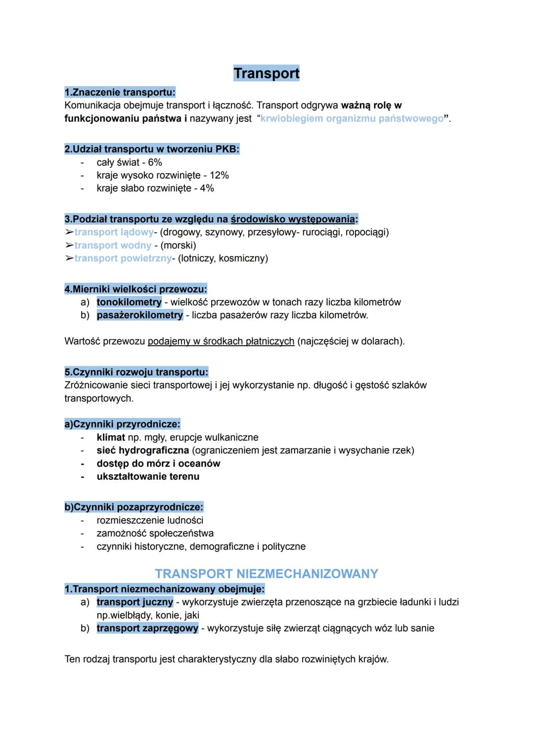 Transport
1.Znaczenie transportu:
Komunikacja obejmuje transport i łączność. Transport odgrywa ważną rolę w
funkcjonowaniu państwa i nazywan